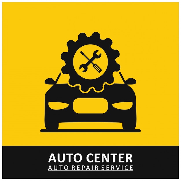 Auto Center Service De Réparation Automatique Gear Icon Avec Outils Et Car Yellow Background