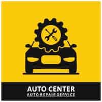 Vecteur gratuit auto center service de réparation automatique gear icon avec outils et car yellow background