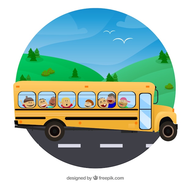 Vecteur gratuit autobus scolaire de dessin animé avec des enfants