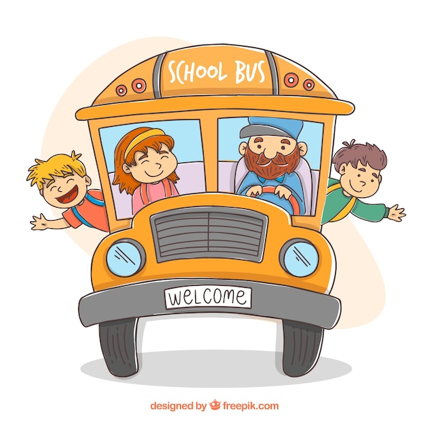 Vecteur gratuit autobus scolaire dessiné avec des enfants