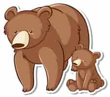 Vecteur gratuit autocollant de bande dessinée de maman et de bébé d'ours grizzly