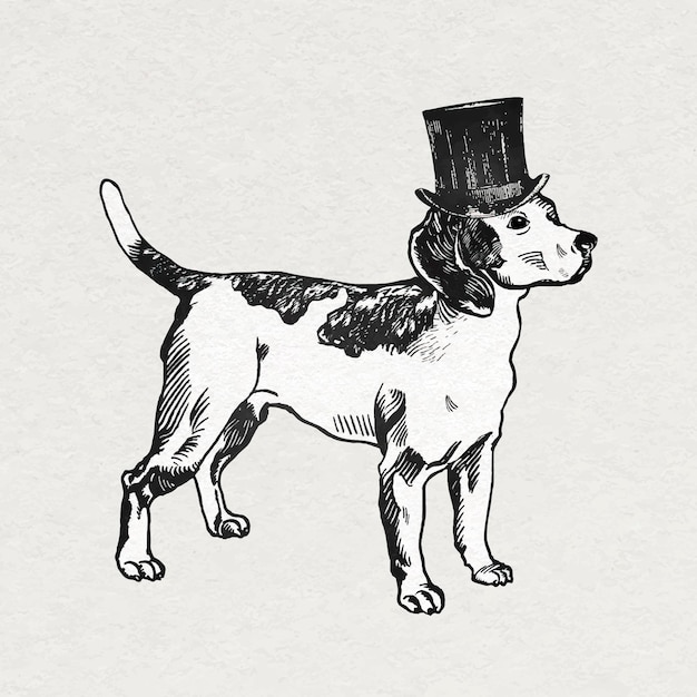 Vecteur gratuit autocollant de chien beagle vintage avec chapeau haut de forme