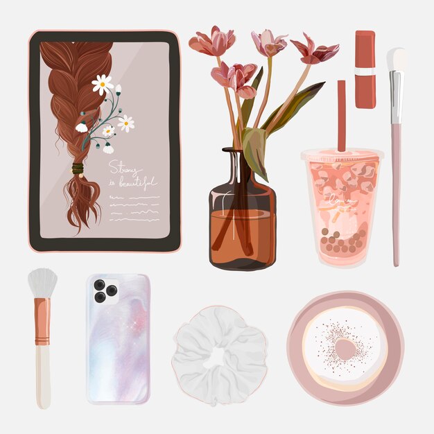 Autocollant essentiel de blogueur de beauté, ensemble de vecteurs d'illustration féminine rose