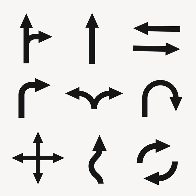 Autocollant de flèche, vecteur de panneau de signalisation de trafic dans l'ensemble de conception plate noire