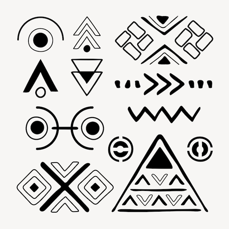 Vecteur gratuit autocollant de forme ethnique, dessin géométrique de griffonnage noir et blanc, ensemble de vecteurs