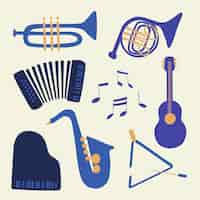 Vecteur gratuit autocollant d'instruments de musique jazz, design rétro, graphique de divertissement dans la collection vectorielle bleue