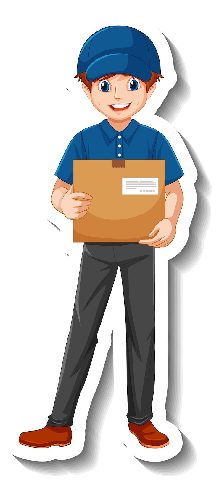 Vecteur gratuit un autocollant avec un livreur en uniforme tenant des boîtes