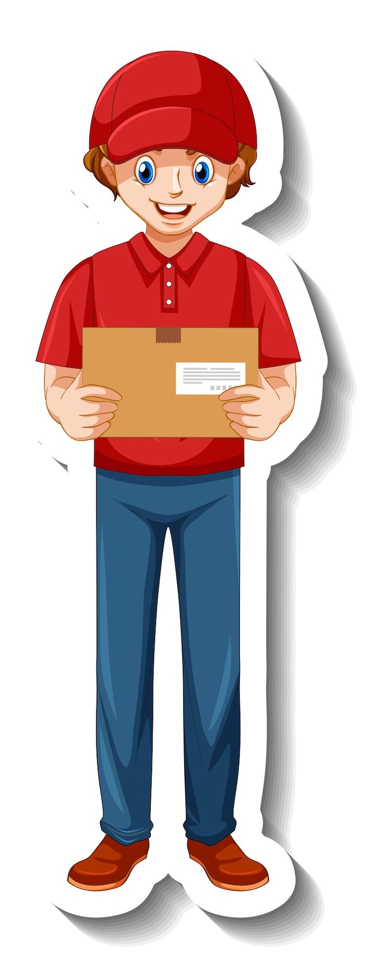 Vecteur gratuit un autocollant avec un livreur en uniforme tenant des boîtes