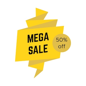 Autocollant de méga vente jaune avec texte de style origami. modèle d'étiquette de vente. illustration vectorielle