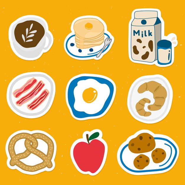 Autocollant mignon de doodle de nourriture avec un vecteur de jeu de bordure blanche