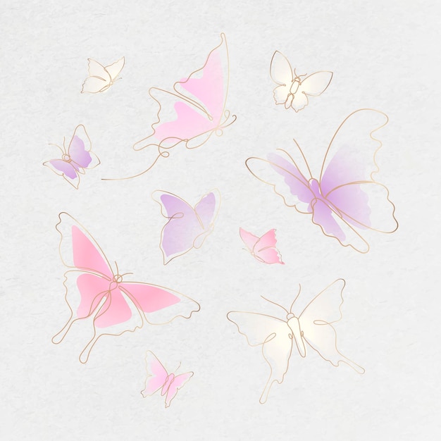 Autocollant papillon volant, ensemble d'illustrations animales vecteur ligne dégradé rose art