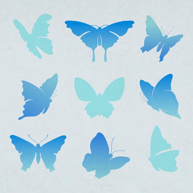 Autocollant papillon volant, ensemble d'illustrations animales vecteur plat dégradé bleu