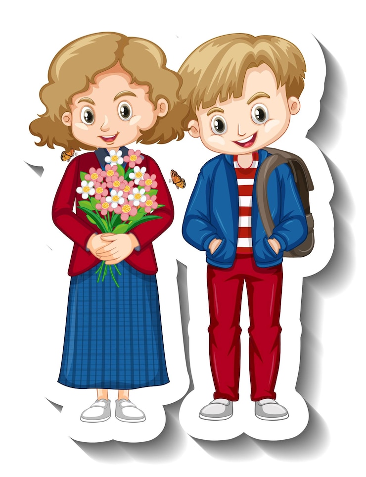 Vecteur gratuit autocollant de personnage de dessin animé d'enfants de couple