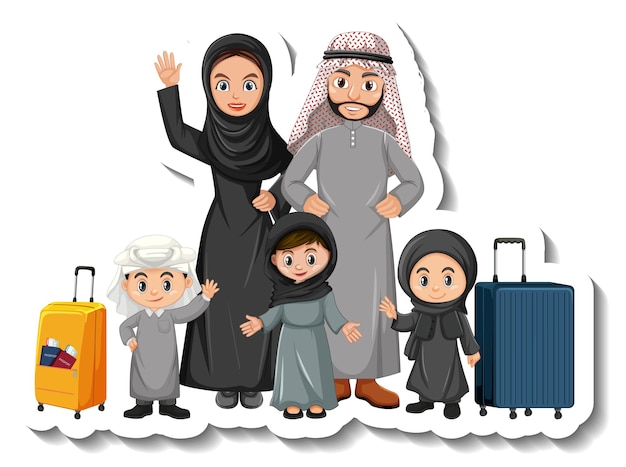 Vecteur gratuit autocollant de personnage de dessin animé de famille arabe heureux sur fond blanc