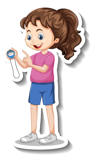 Vecteur gratuit autocollant de personnage de dessin animé avec une fille de coach sportif tenant une minuterie
