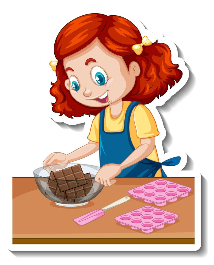 Vecteur gratuit autocollant de personnage de dessin animé une fille avec des équipements de cuisson