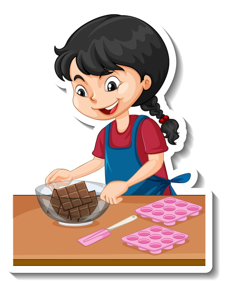 Vecteur gratuit autocollant de personnage de dessin animé une fille avec des équipements de cuisson