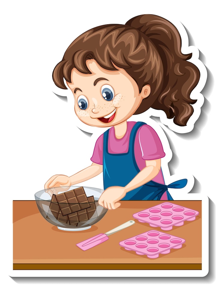 Vecteur gratuit autocollant de personnage de dessin animé une fille avec des équipements de cuisson