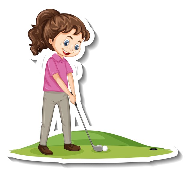 Autocollant de personnage de dessin animé avec une fille jouant au golf