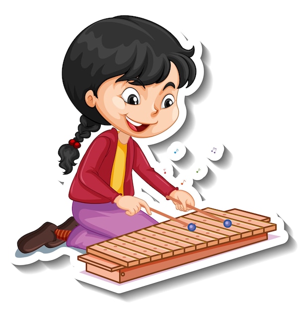 Vecteur gratuit autocollant de personnage de dessin animé avec une fille jouant du xylophone