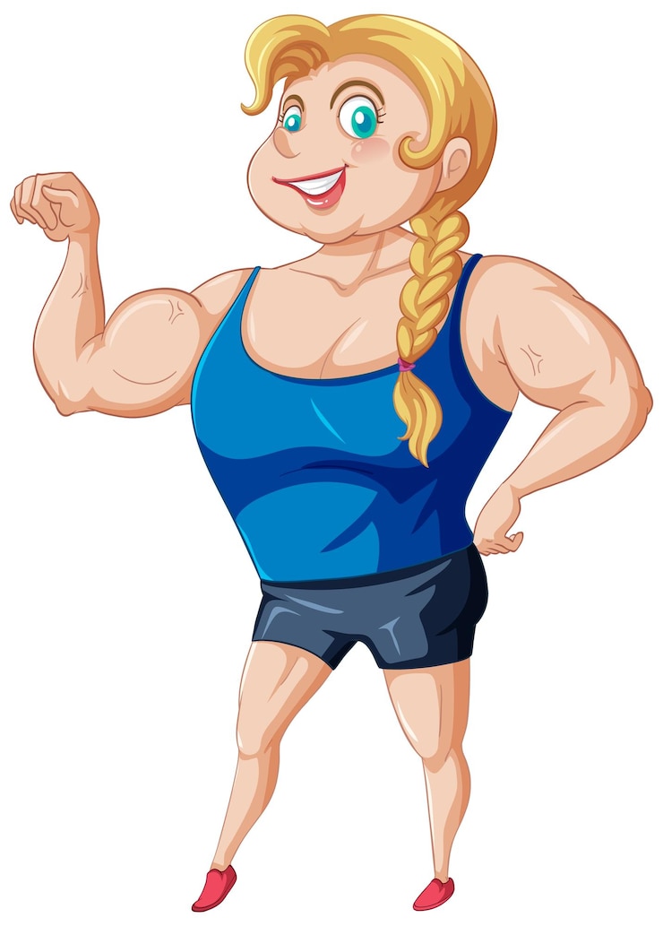 Vecteur gratuit autocollant de personnage de dessin animé fille musclée