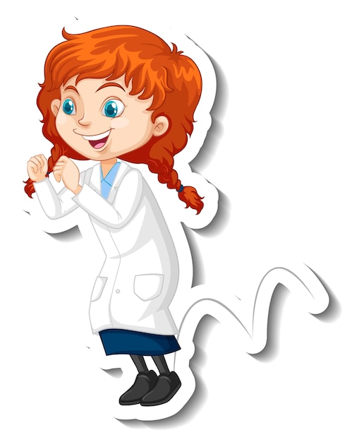 Vecteur gratuit autocollant de personnage de dessin animé avec une fille en robe de science