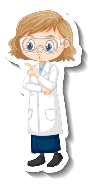 Vecteur gratuit autocollant de personnage de dessin animé avec une fille en robe de science