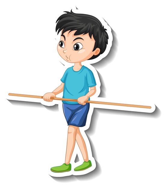 Autocollant de personnage de dessin animé avec un garçon tenant un bâton en bois