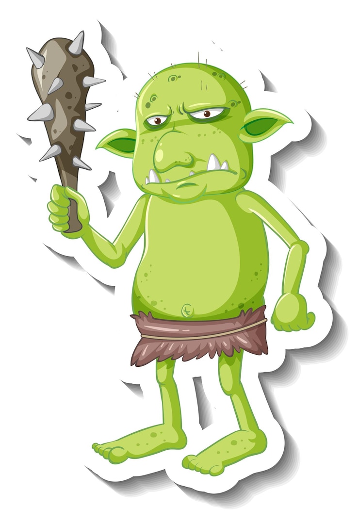 Vecteur gratuit autocollant de personnage de dessin animé gobelin ou troll vert