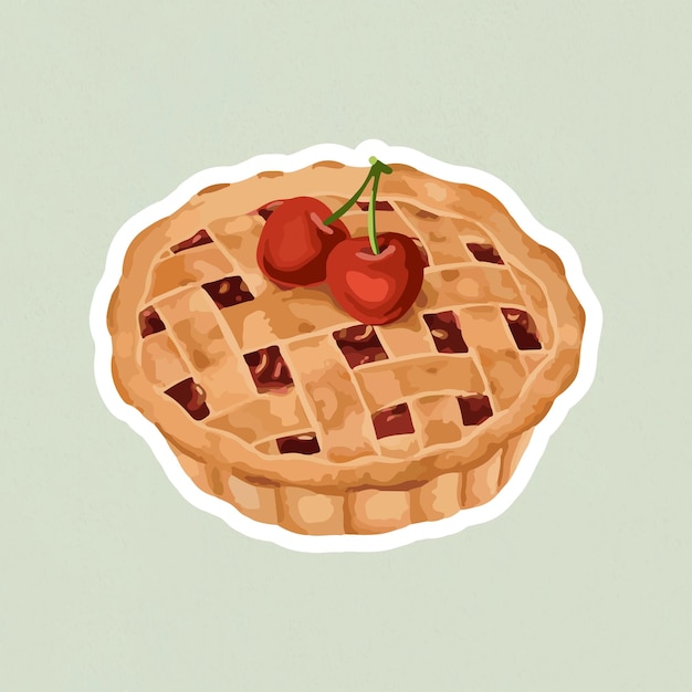 Vecteur gratuit autocollant de tarte aux cerises vectorisé dessiné à la main avec une bordure blanche