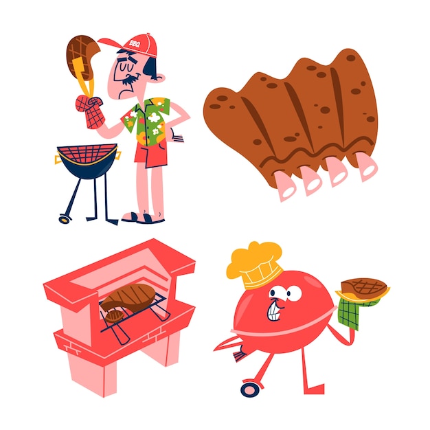 Vecteur gratuit autocollants de barbecue rétro dessinés à la main