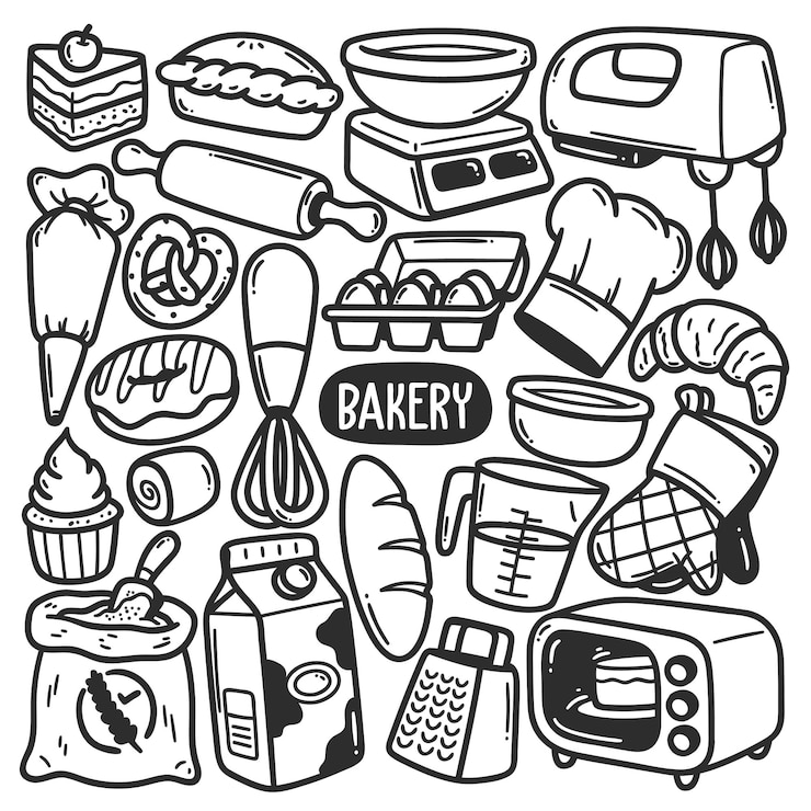 Vecteur gratuit autocollants de boulangerie dessinés à la main doodle vecteur de coloriage