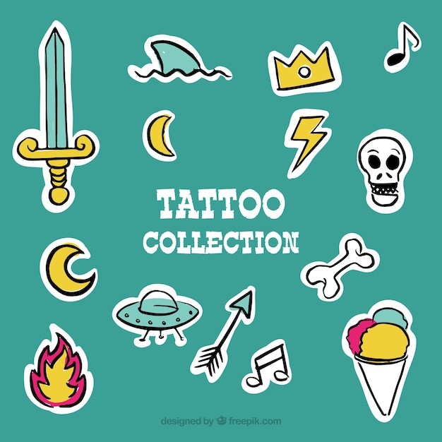 Vecteur gratuit autocollants collection de tatouages ​​dessinés à la main