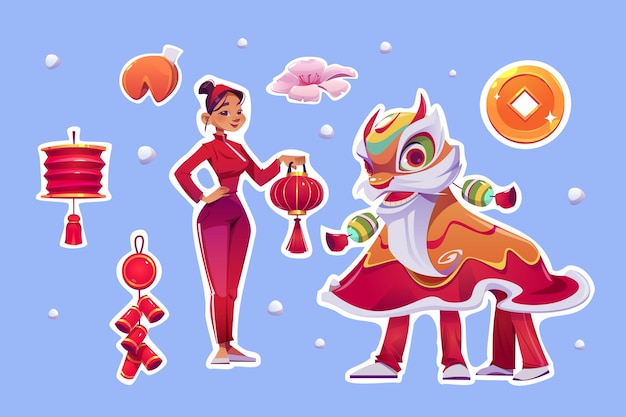 Autocollants du Nouvel An chinois avec costume de danse du lion, lanterne rouge, cloches et fille asiatique. Ensemble d'icônes de dessin animé de vecteur de décoration traditionnelle de la Chine, biscuits de fortune, pièce de monnaie et fleur