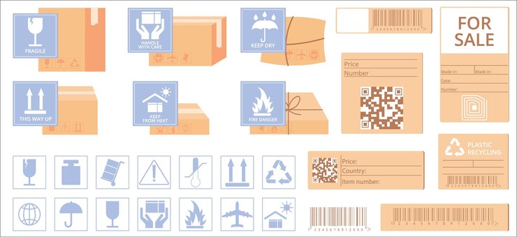 Vecteur gratuit autocollants de fret plats sertis de codes à barres rfid qr et de boîtes en carton isolés sur illustration vectorielle fond blanc