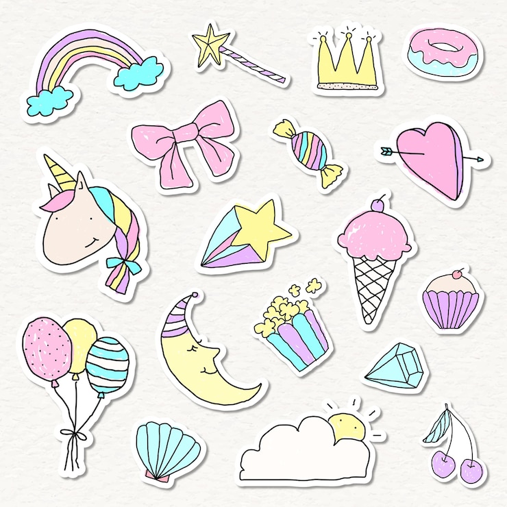 Vecteur gratuit autocollants de griffonnage pastel mignons avec ensemble de bordures blanches