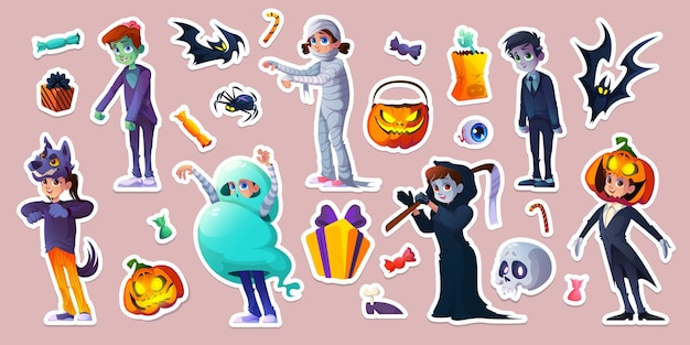 Vecteur gratuit autocollants d'halloween avec des gens en costumes effrayants