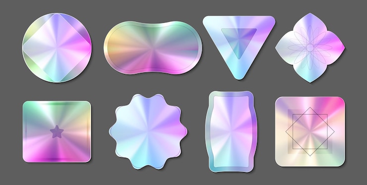Vecteur gratuit les autocollants à hologrammes présentent des formes iridescentes en gradient