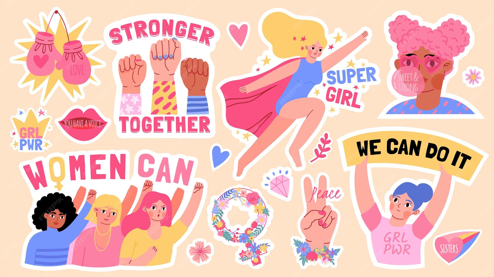 Autocollants Plats Pour Filles Avec Poings Leves Et Slogans Feministes Droits Forts Des Femmes Noires Super Girl Ensemble De Vecteurs De Symboles De Mouvement Feministe Illustration De L Autocollant De Feminisme Pouvoir De