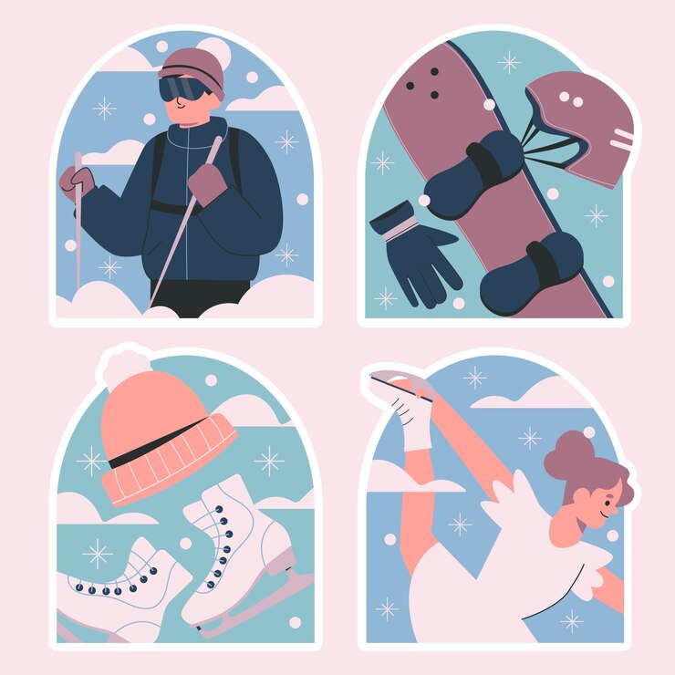 Vecteur gratuit autocollants de style naïf d'activités hivernales