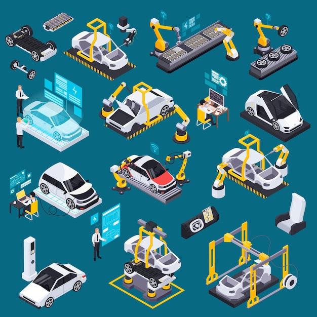 Automatisation Robotique Dans L'ensemble Isométrique De Production De Véhicules électriques Avec Illustration Vectorielle De Test De Charge De Batterie D'assemblage De Bandes Transporteuses