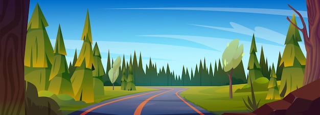 Autoroute En Arrière-plan De Voyage Sur La Route De Dessin Animé De Forêt