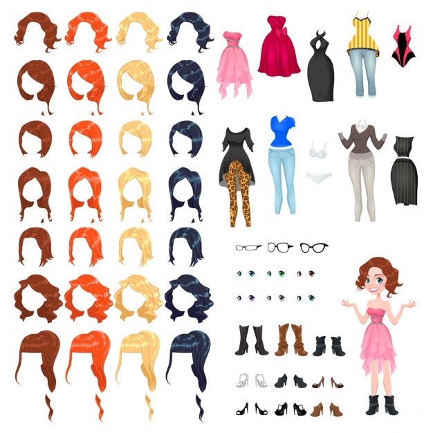 Vecteur gratuit avatar d'une femme vector illustration des objets isolés 7 coiffures avec 4 couleurs chacune un 10 robes différentes 3 verres 6 yeux couleurs 9 chaussures