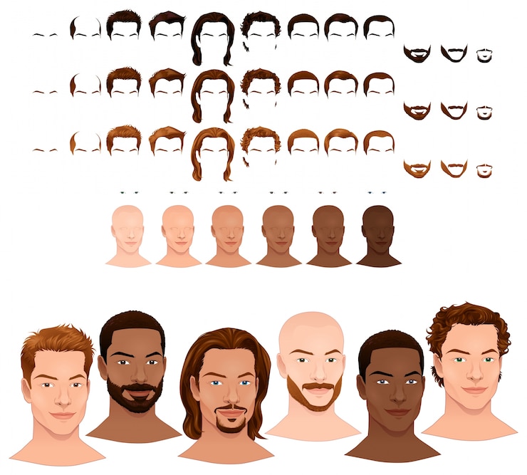Vecteur gratuit avatars masculins 8 coiffures et 3 poils du visage en 3 couleurs différentes 6 couleurs de l&#39;oeil 6 tons de peau pour de multiples combinaisons dans cette image certains objets fichier prévisualisations vecteur isolé