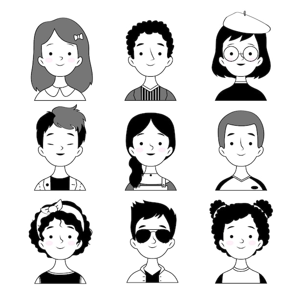 Vecteur gratuit avatars de personnes style noir et blanc