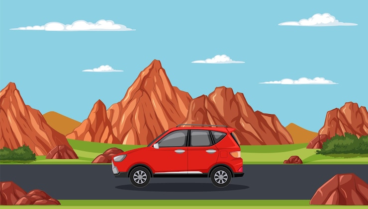 Vecteur gratuit l'aventure de la voiture rouge dans le paysage rocheux