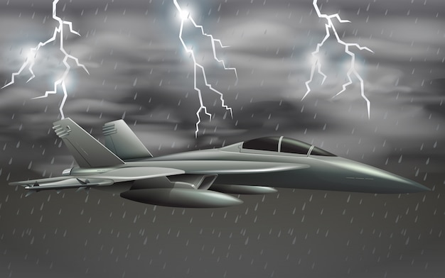 Vecteur gratuit un avion de l'armée sur le ciel de mauvais temps