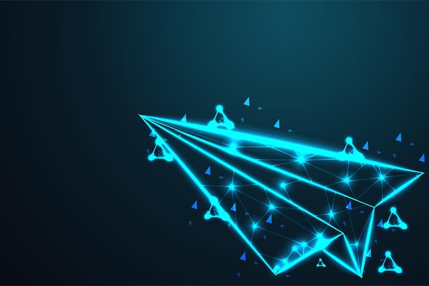 Avion d'avion en papier Fil abstrait low poly Le treillis métallique polygonal ressemble à une constellation sur un ciel nocturne bleu foncé avec des points et des étoiles illustration et arrière-plan