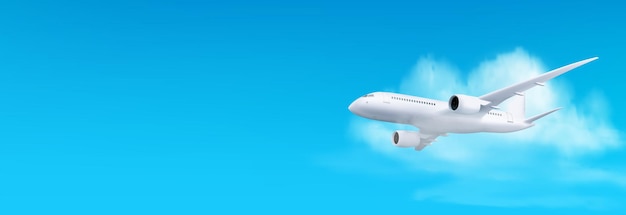 Vecteur gratuit avion blanc 3d volant sur fond de paysage de ciel bleu avec illustration vectorielle nuage