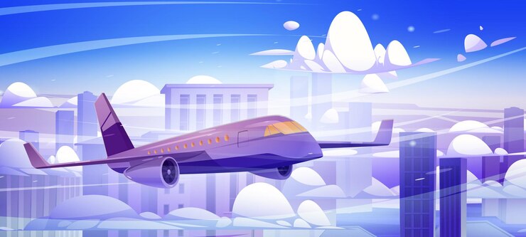 Avion volant dans les nuages au-dessus des gratte-ciel